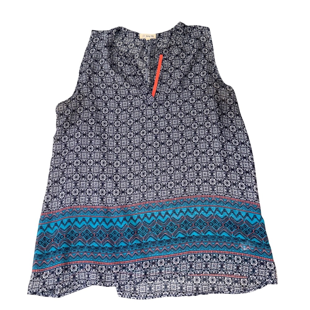 Active USA Sleeveless Blouse 2XL Navy Blue Teal Geometric‎ Medallion Print Top